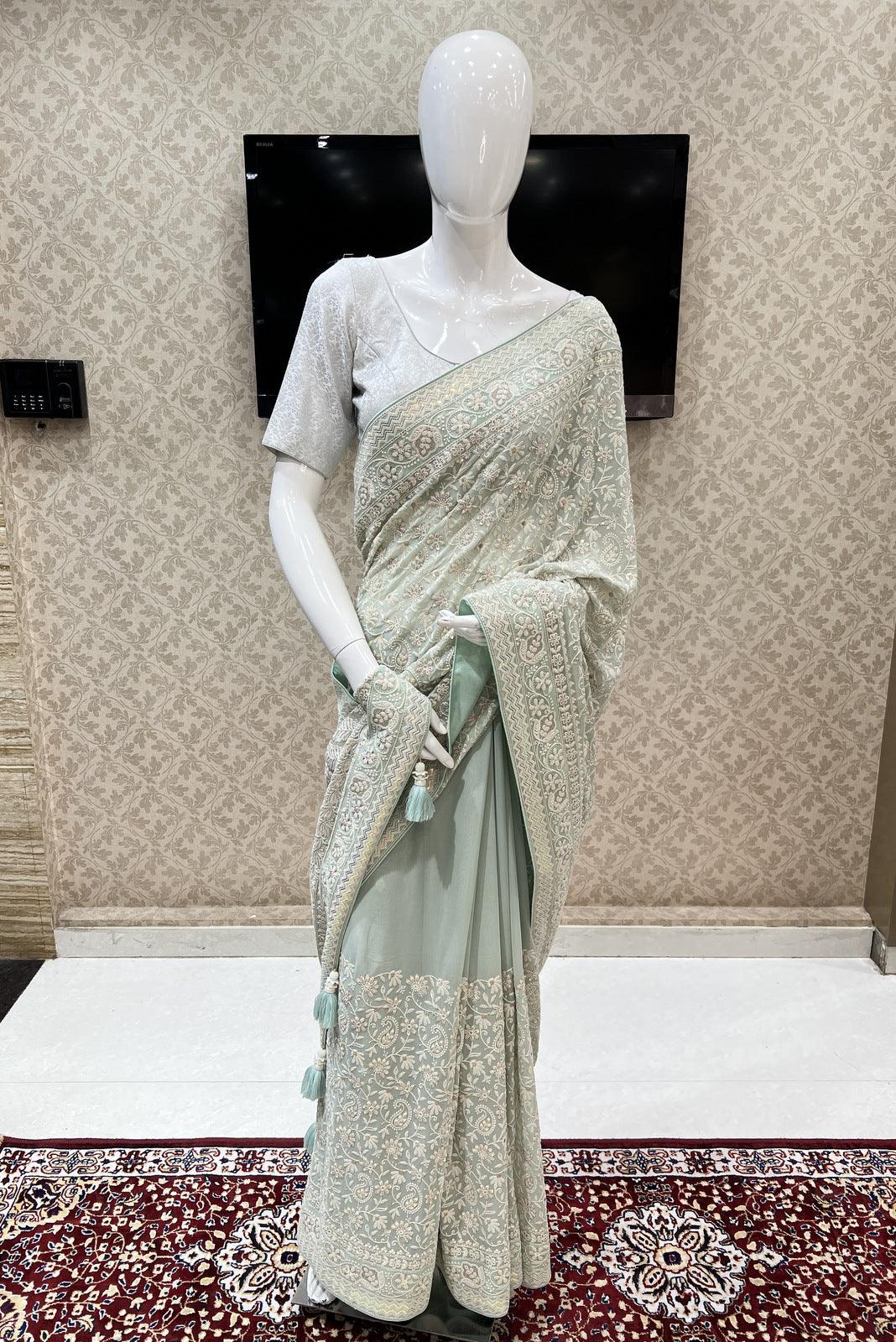 Women's Grey Net Saree With Self Floral Designs And Stone Embellishments  Collection at Soch India