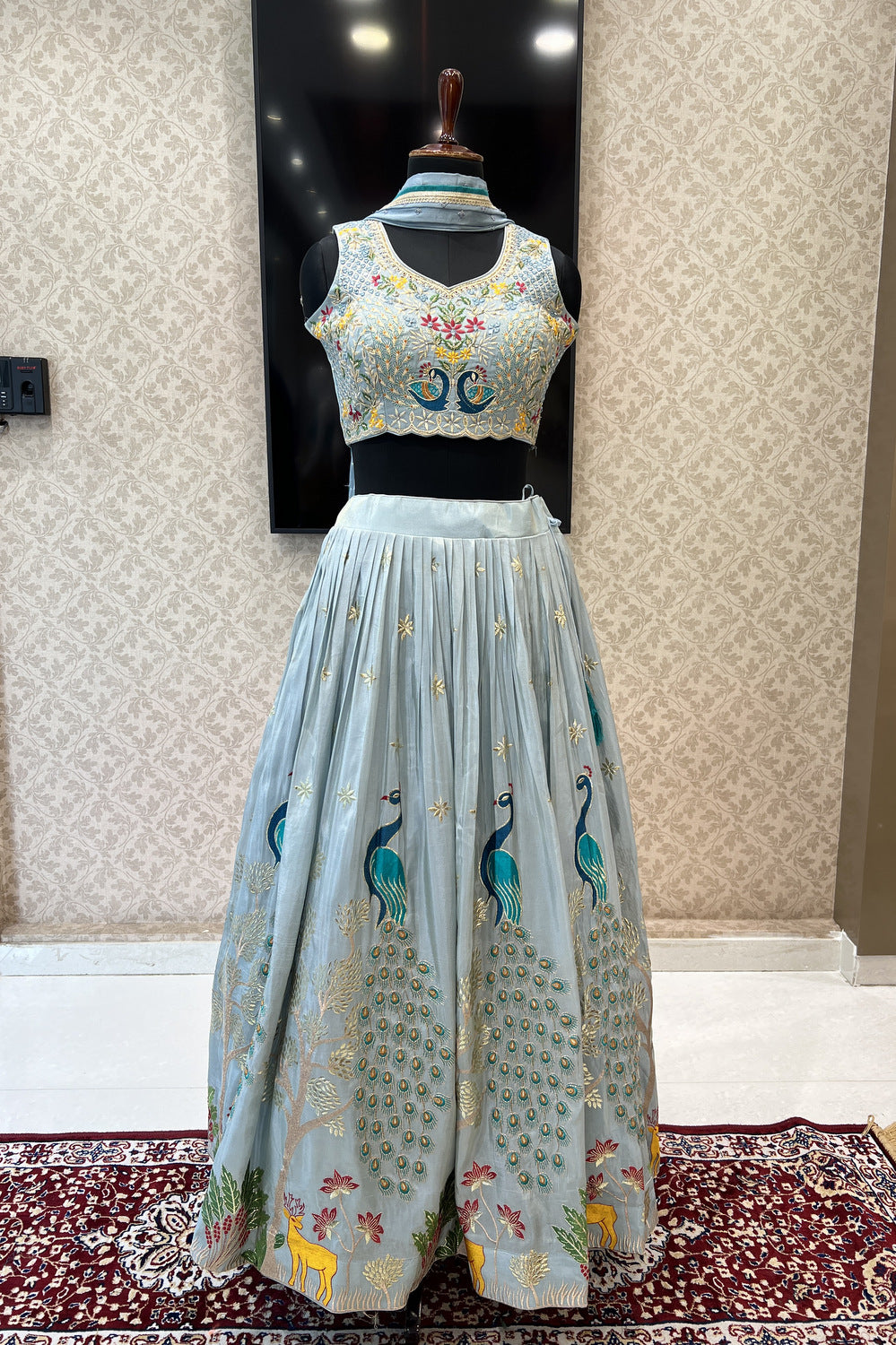 Aqua Blue Zari, Zardozi, Mirror, Stone and Multicolor Embroidery work Crop Top Lehenga