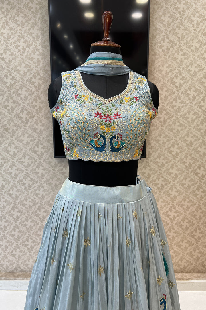 Aqua Blue Zari, Zardozi, Mirror, Stone and Multicolor Embroidery work Crop Top Lehenga