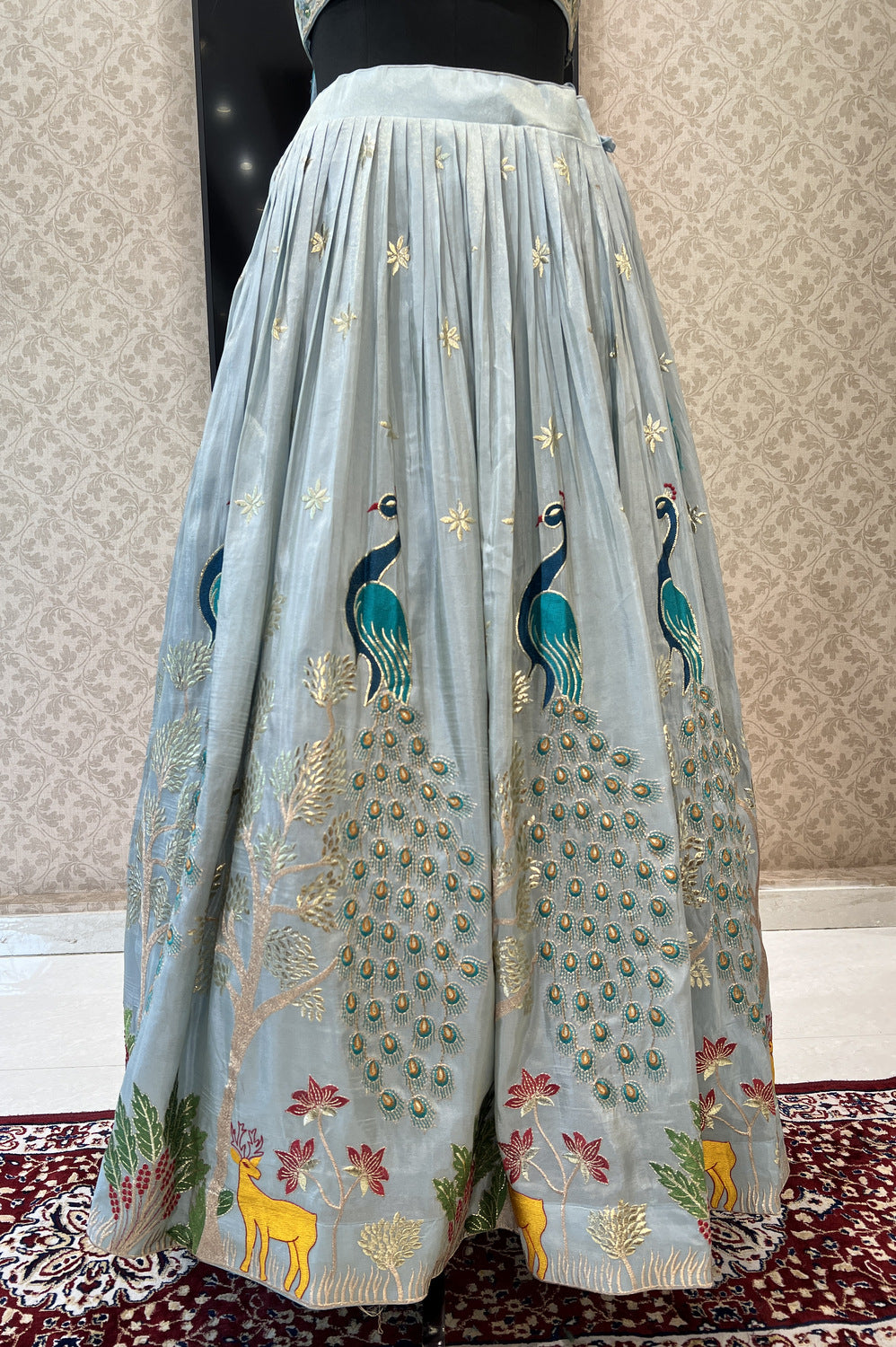 Aqua Blue Zari, Zardozi, Mirror, Stone and Multicolor Embroidery work Crop Top Lehenga