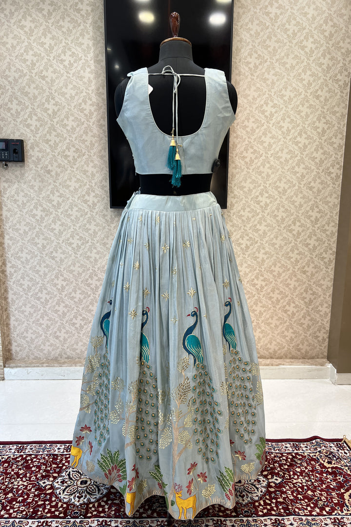 Aqua Blue Zari, Zardozi, Mirror, Stone and Multicolor Embroidery work Crop Top Lehenga