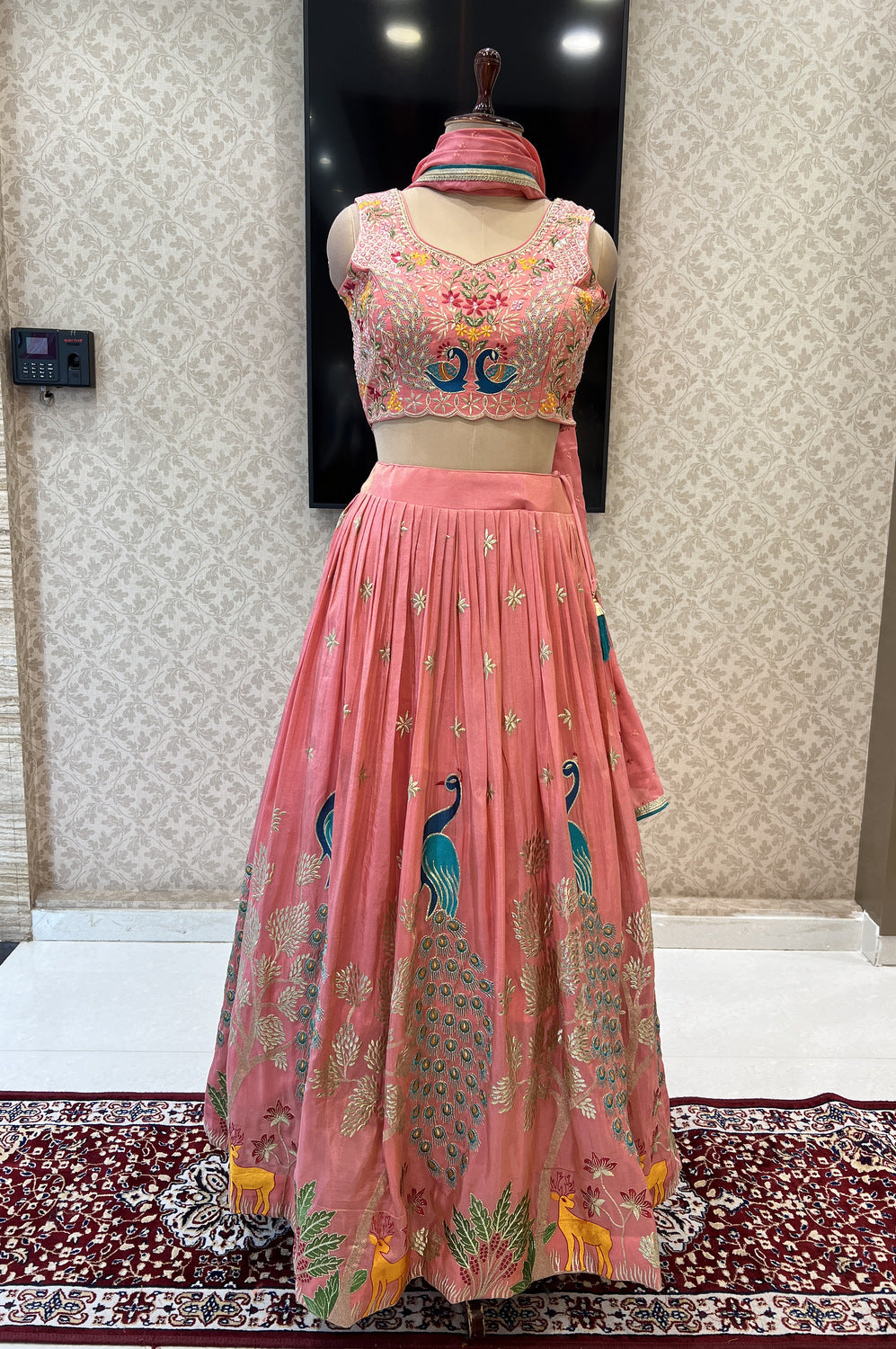 Peach Zari, Zardozi, Mirror, Stone and Multicolor Embroidery work Crop Top Lehenga