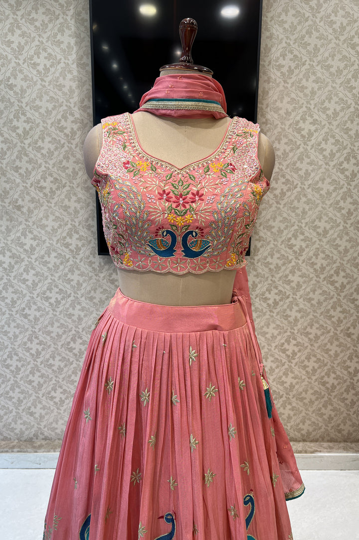 Peach Zari, Zardozi, Mirror, Stone and Multicolor Embroidery work Crop Top Lehenga