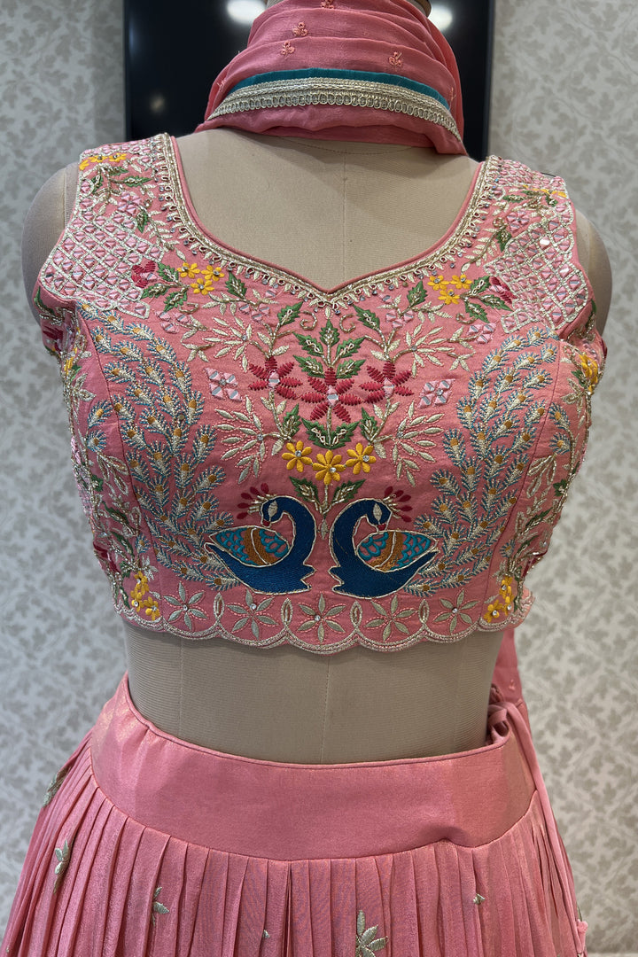 Peach Zari, Zardozi, Mirror, Stone and Multicolor Embroidery work Crop Top Lehenga