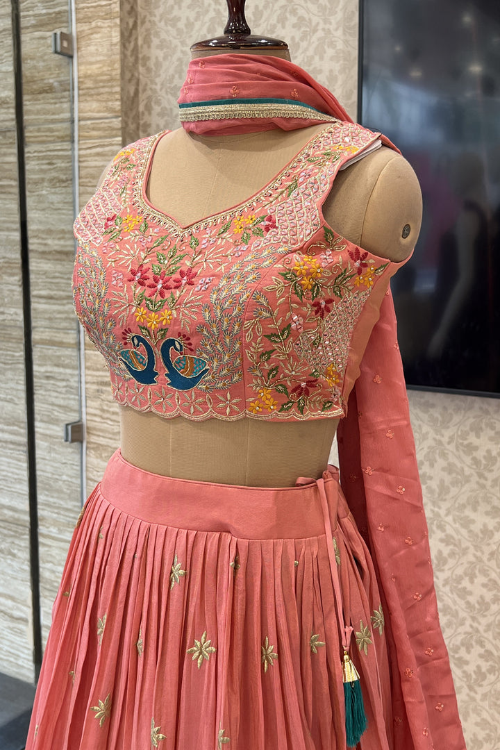 Peach Zari, Zardozi, Mirror, Stone and Multicolor Embroidery work Crop Top Lehenga