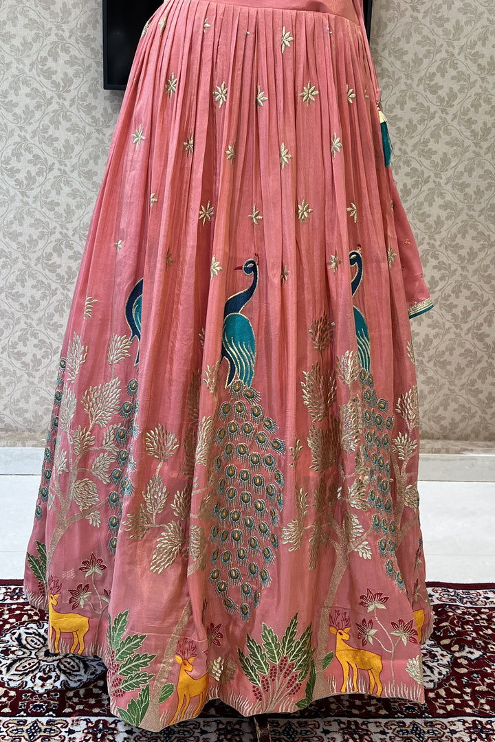 Peach Zari, Zardozi, Mirror, Stone and Multicolor Embroidery work Crop Top Lehenga