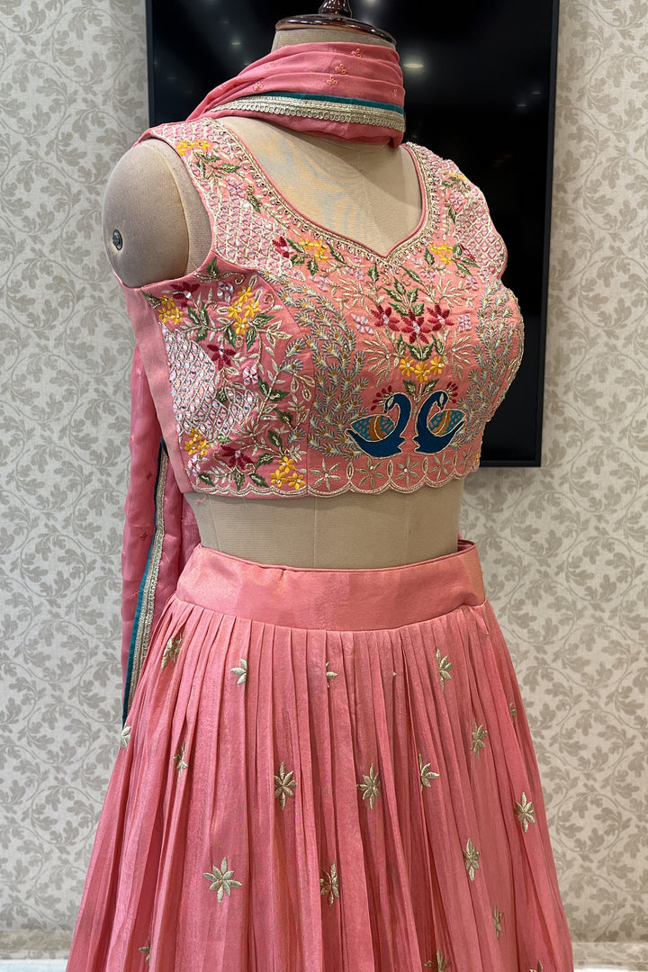 Peach Zari, Zardozi, Mirror, Stone and Multicolor Embroidery work Crop Top Lehenga