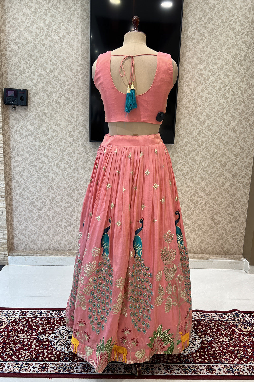 Peach Zari, Zardozi, Mirror, Stone and Multicolor Embroidery work Crop Top Lehenga