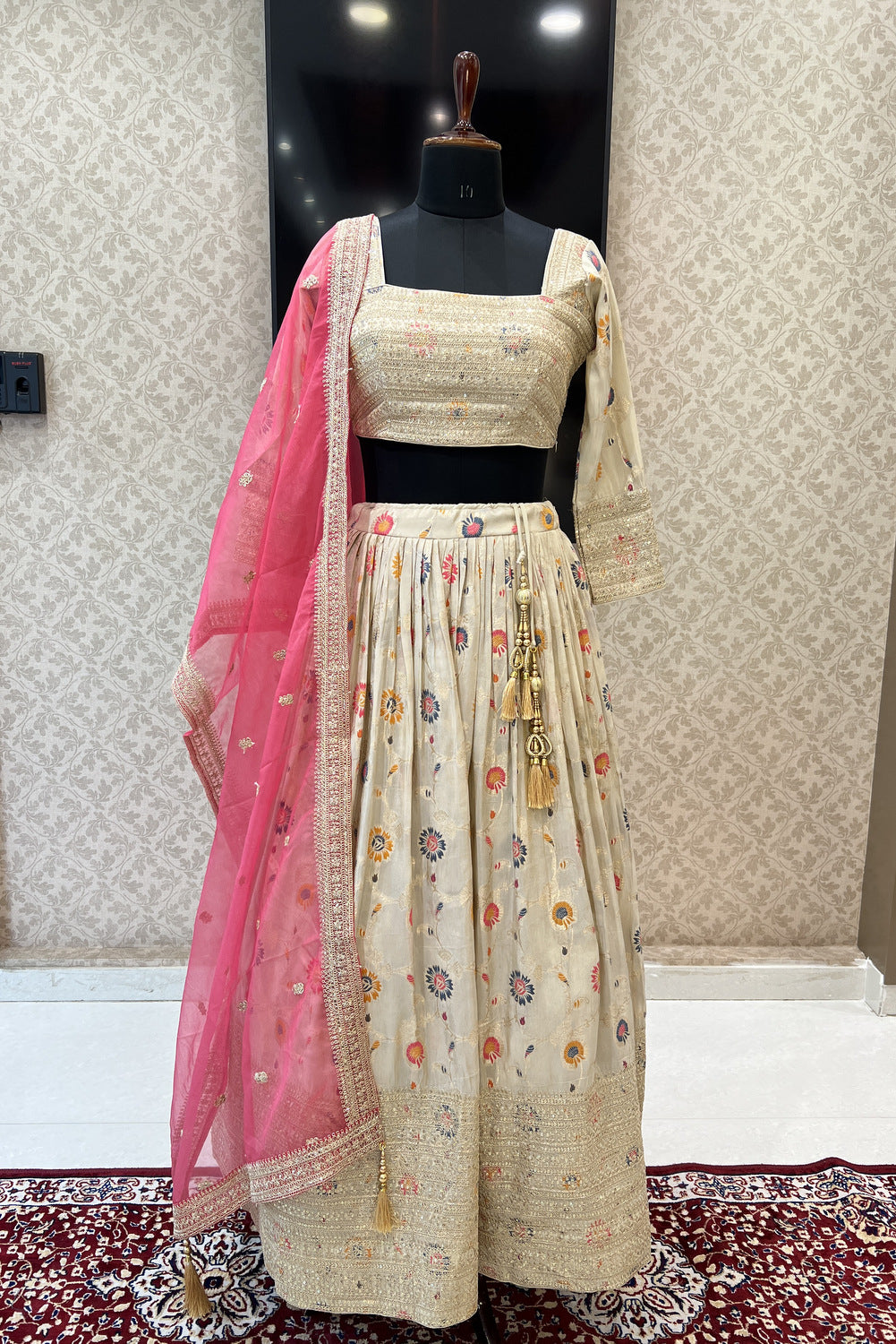 Cream Zari, Sequins and Banaras work Crop Top Lehenga