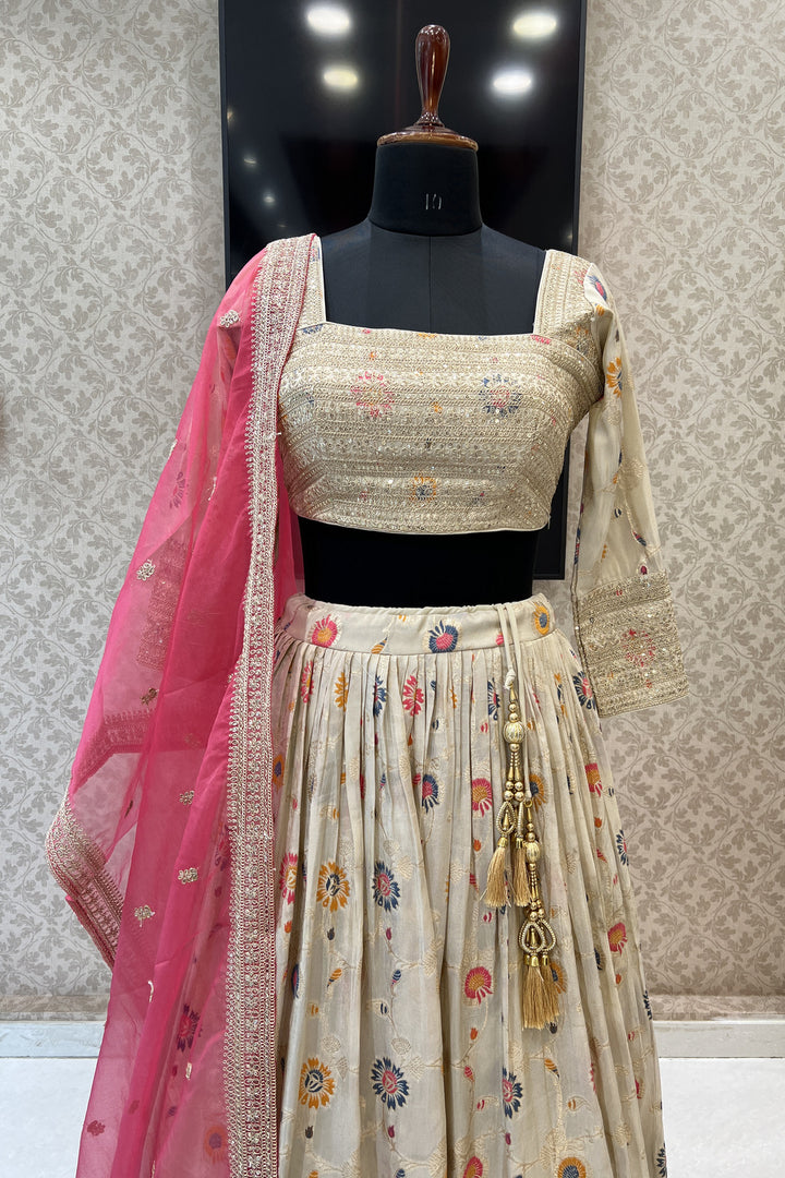 Cream Zari, Sequins and Banaras work Crop Top Lehenga