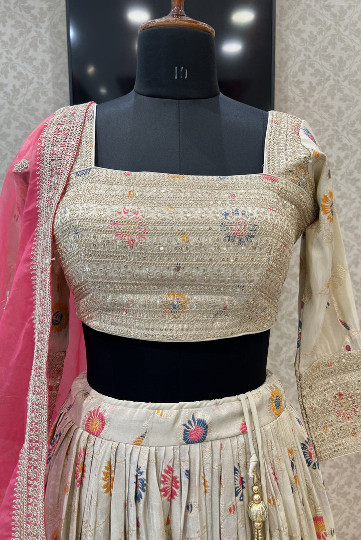 Cream Zari, Sequins and Banaras work Crop Top Lehenga