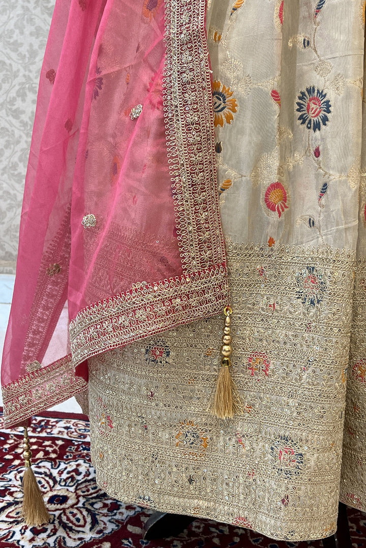 Cream Zari, Sequins and Banaras work Crop Top Lehenga