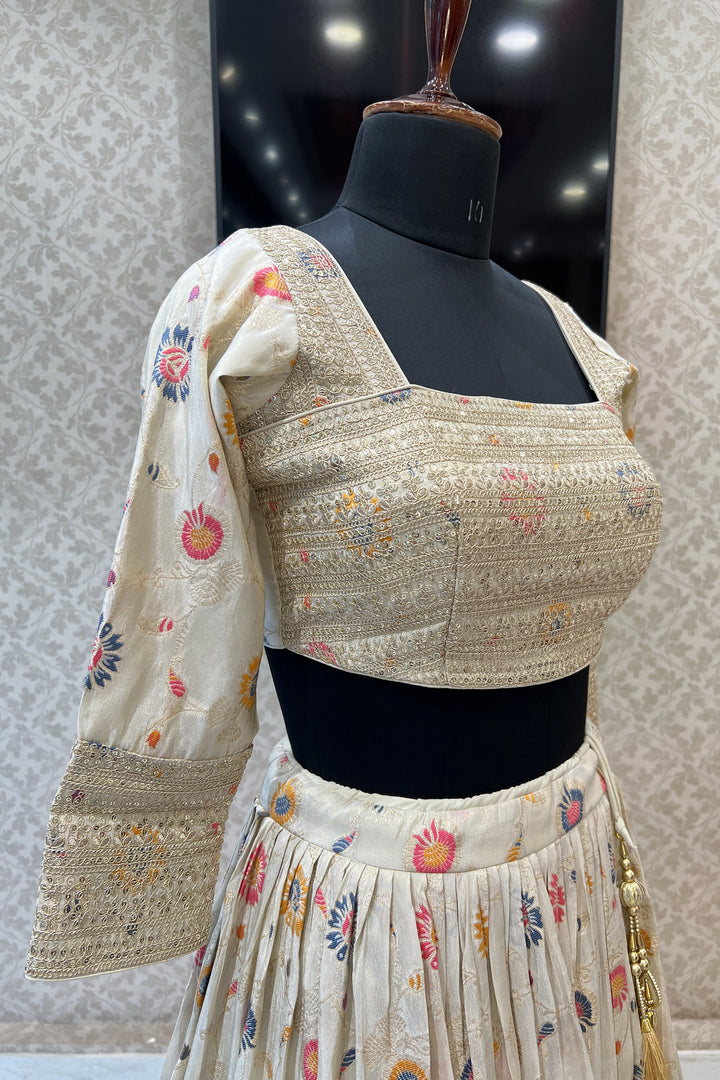 Cream Zari, Sequins and Banaras work Crop Top Lehenga