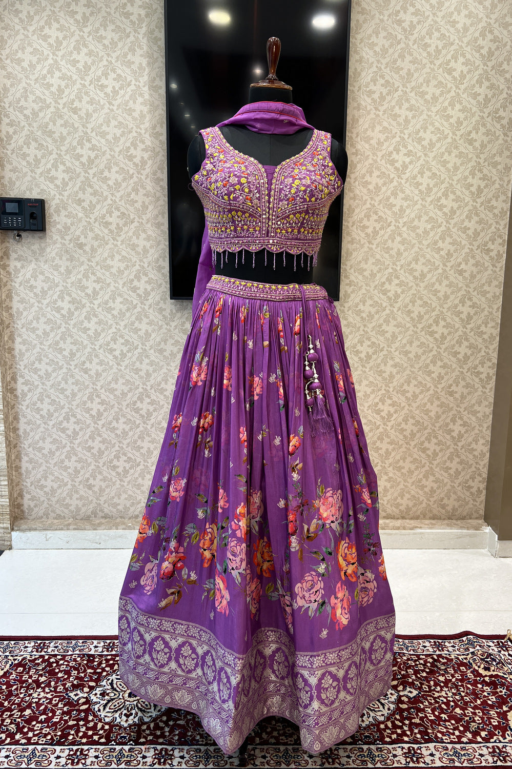 Lavender Mirror, Beads, Thread and Banaras work with Floral Print Crop Top Lehenga