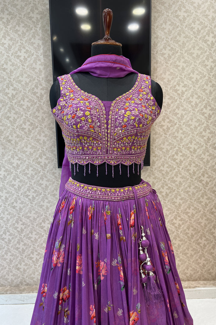 Lavender Mirror, Beads, Thread and Banaras work with Floral Print Crop Top Lehenga