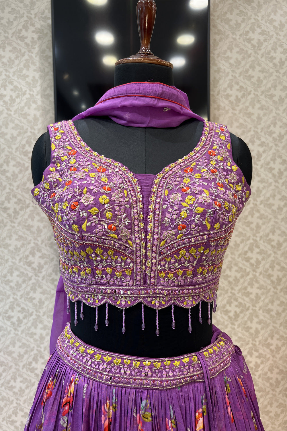 Lavender Mirror, Beads, Thread and Banaras work with Floral Print Crop Top Lehenga