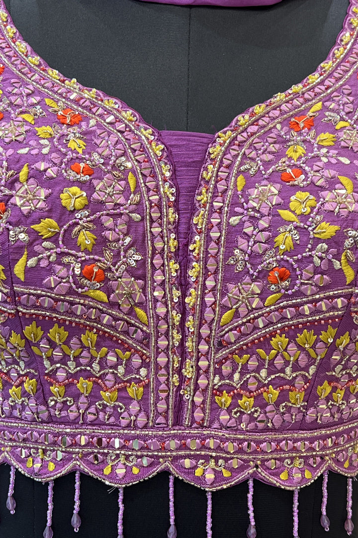 Lavender Mirror, Beads, Thread and Banaras work with Floral Print Crop Top Lehenga