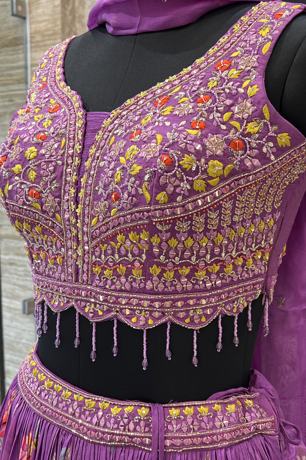 Lavender Mirror, Beads, Thread and Banaras work with Floral Print Crop Top Lehenga