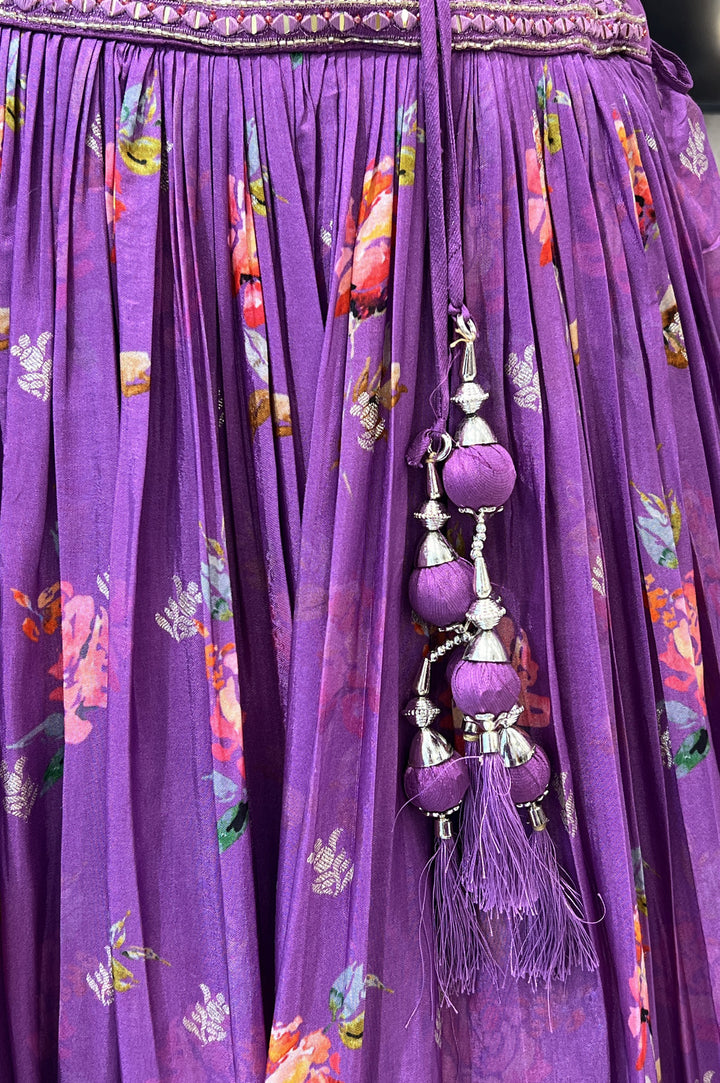 Lavender Mirror, Beads, Thread and Banaras work with Floral Print Crop Top Lehenga