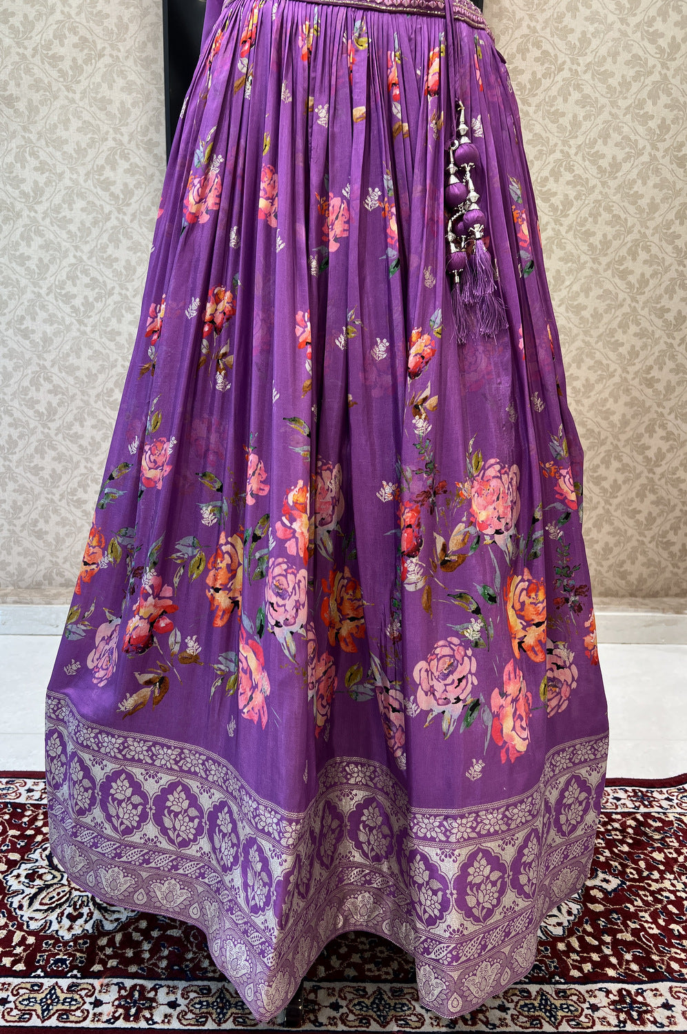 Lavender Mirror, Beads, Thread and Banaras work with Floral Print Crop Top Lehenga