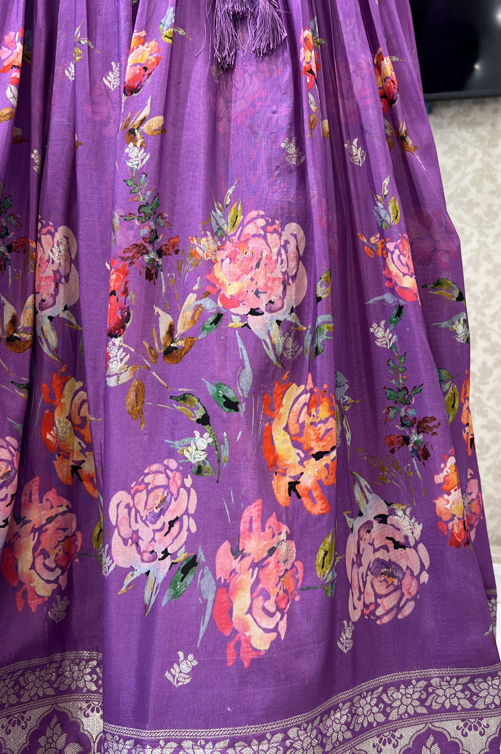 Lavender Mirror, Beads, Thread and Banaras work with Floral Print Crop Top Lehenga