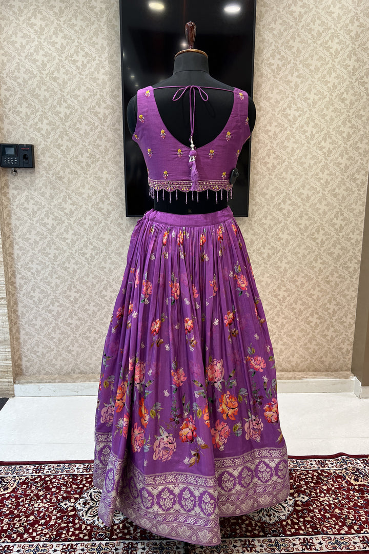 Lavender Mirror, Beads, Thread and Banaras work with Floral Print Crop Top Lehenga