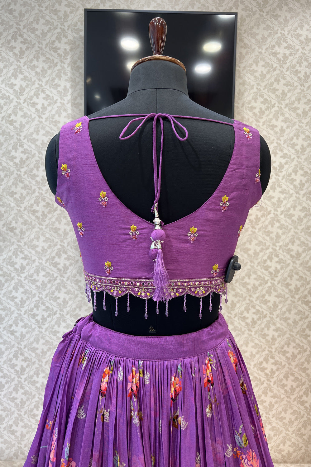 Lavender Mirror, Beads, Thread and Banaras work with Floral Print Crop Top Lehenga