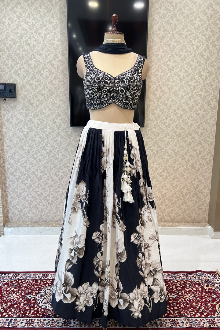 Black with White Floral Print, Mirror, Pearls, Beads, Stone and Zari work Crop Top Lehenga