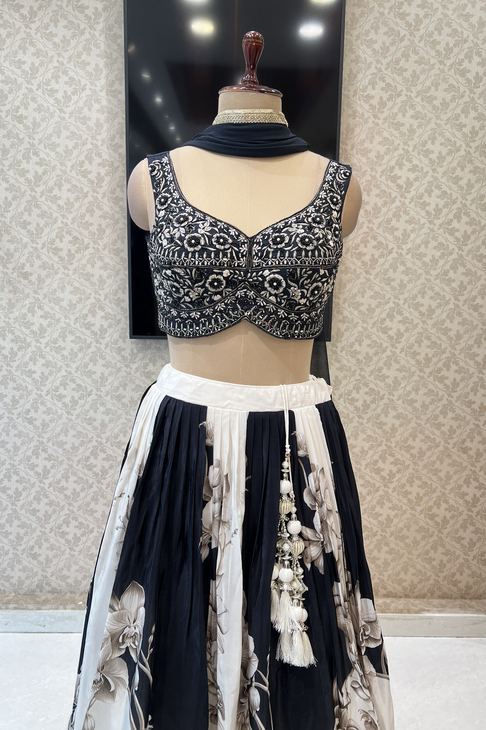 Black with White Floral Print, Mirror, Pearls, Beads, Stone and Zari work Crop Top Lehenga