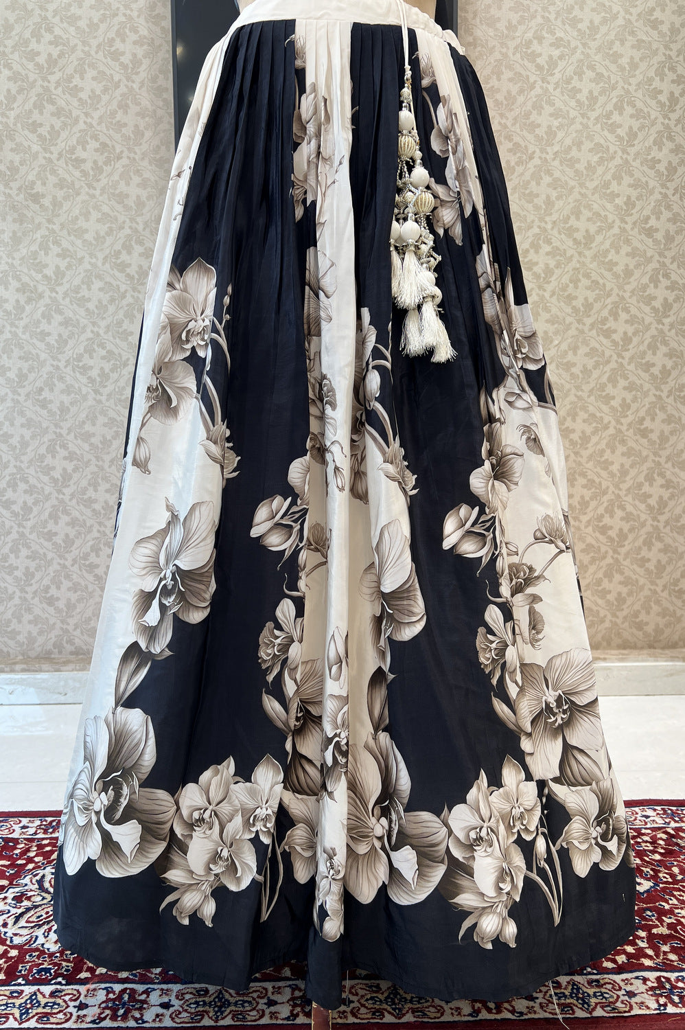 Black with White Floral Print, Mirror, Pearls, Beads, Stone and Zari work Crop Top Lehenga