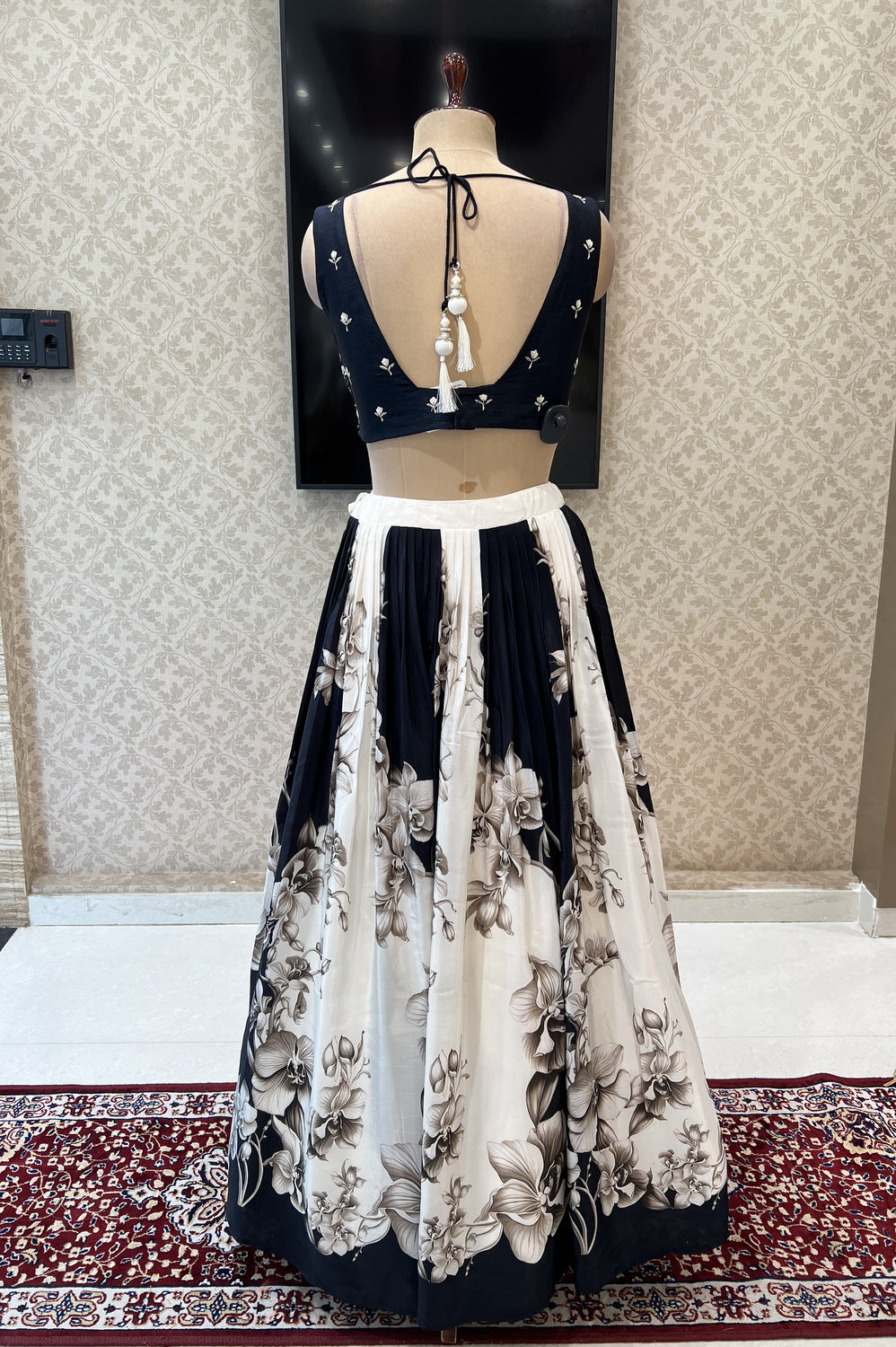 Black with White Floral Print, Mirror, Pearls, Beads, Stone and Zari work Crop Top Lehenga