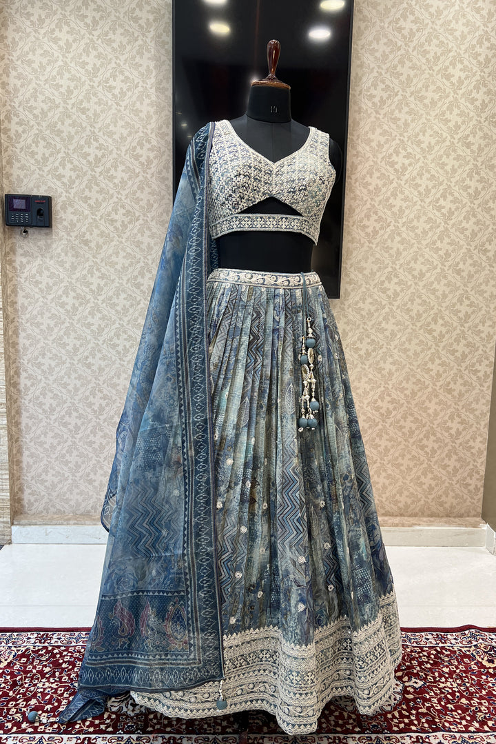 Grey Sequins, Zari and Thread work with Digital Print Crop Top Lehenga