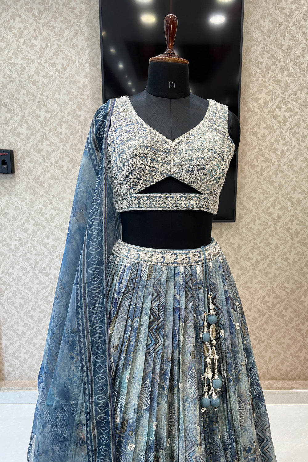 Grey Sequins, Zari and Thread work with Digital Print Crop Top Lehenga