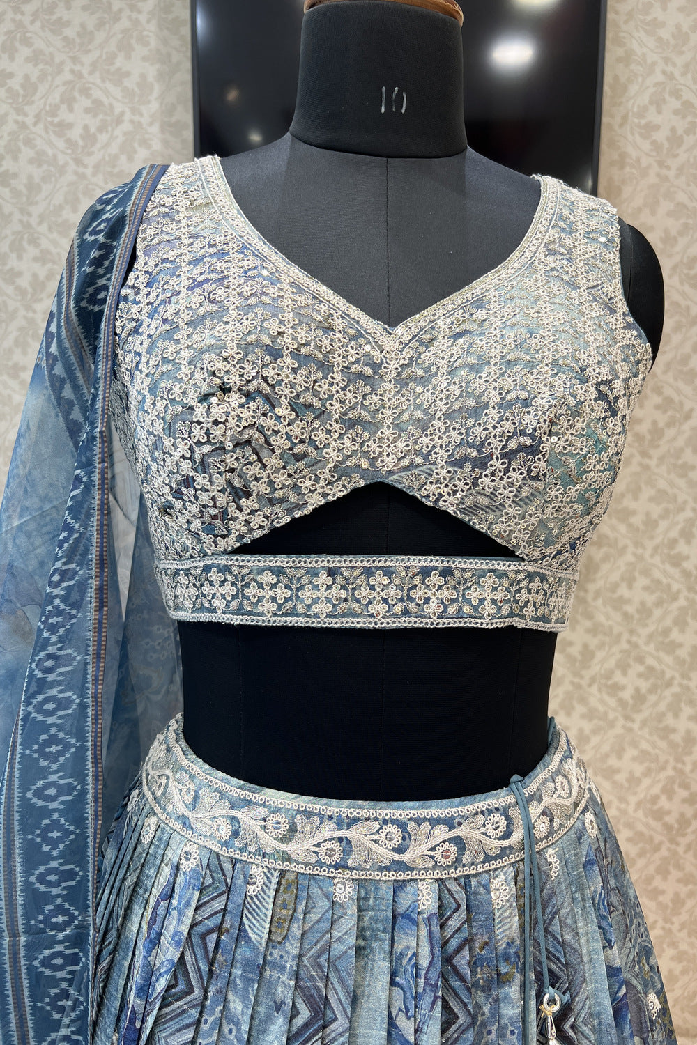 Grey Sequins, Zari and Thread work with Digital Print Crop Top Lehenga