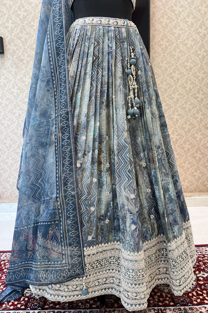 Grey Sequins, Zari and Thread work with Digital Print Crop Top Lehenga