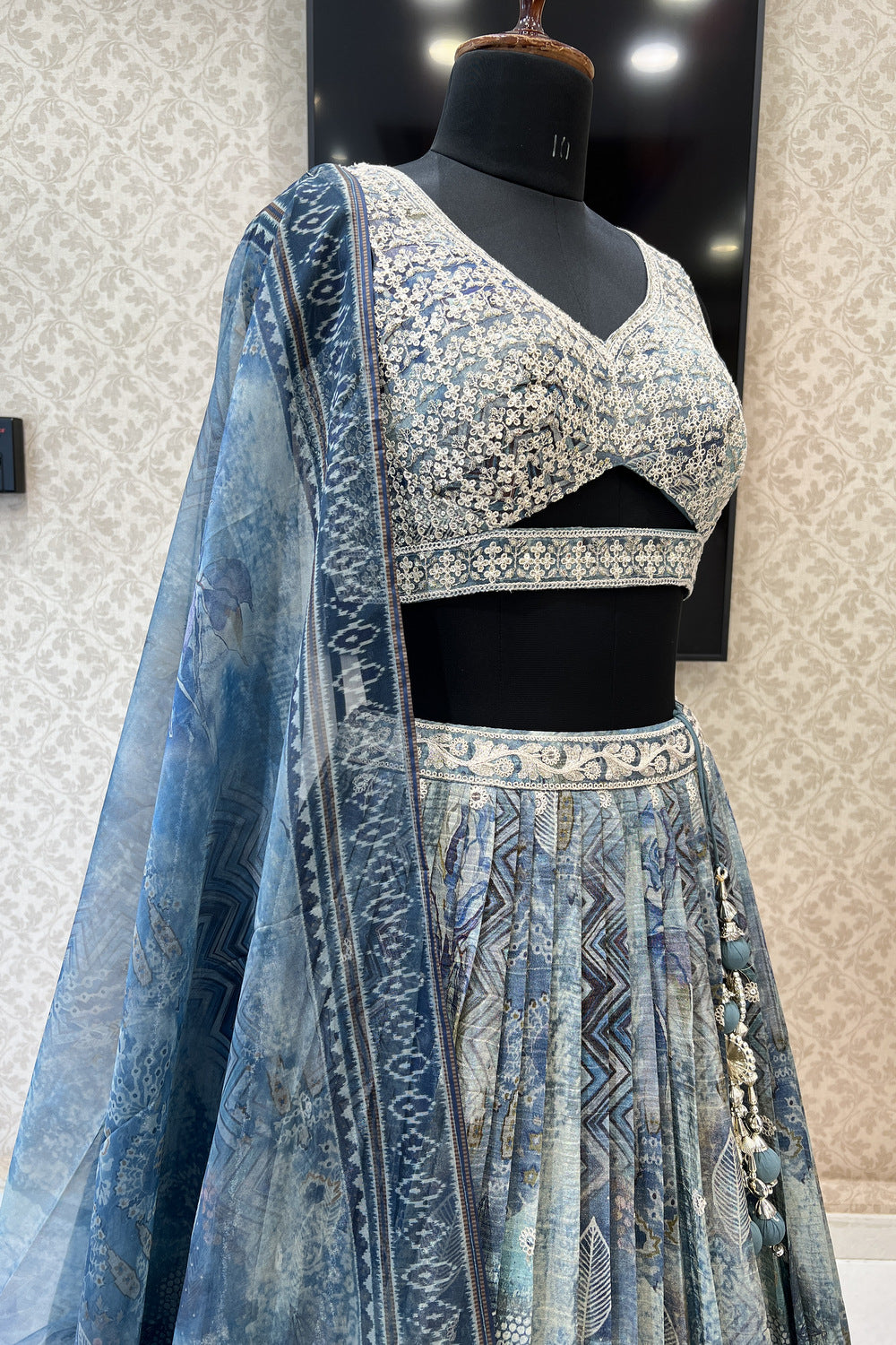 Grey Sequins, Zari and Thread work with Digital Print Crop Top Lehenga