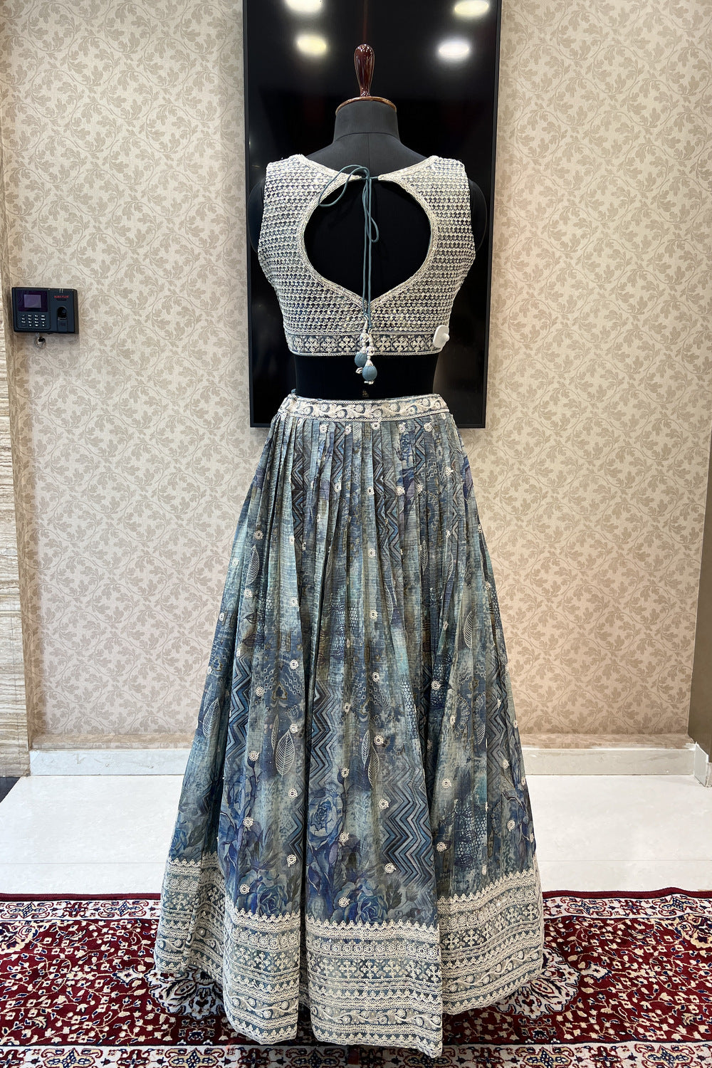 Grey Sequins, Zari and Thread work with Digital Print Crop Top Lehenga