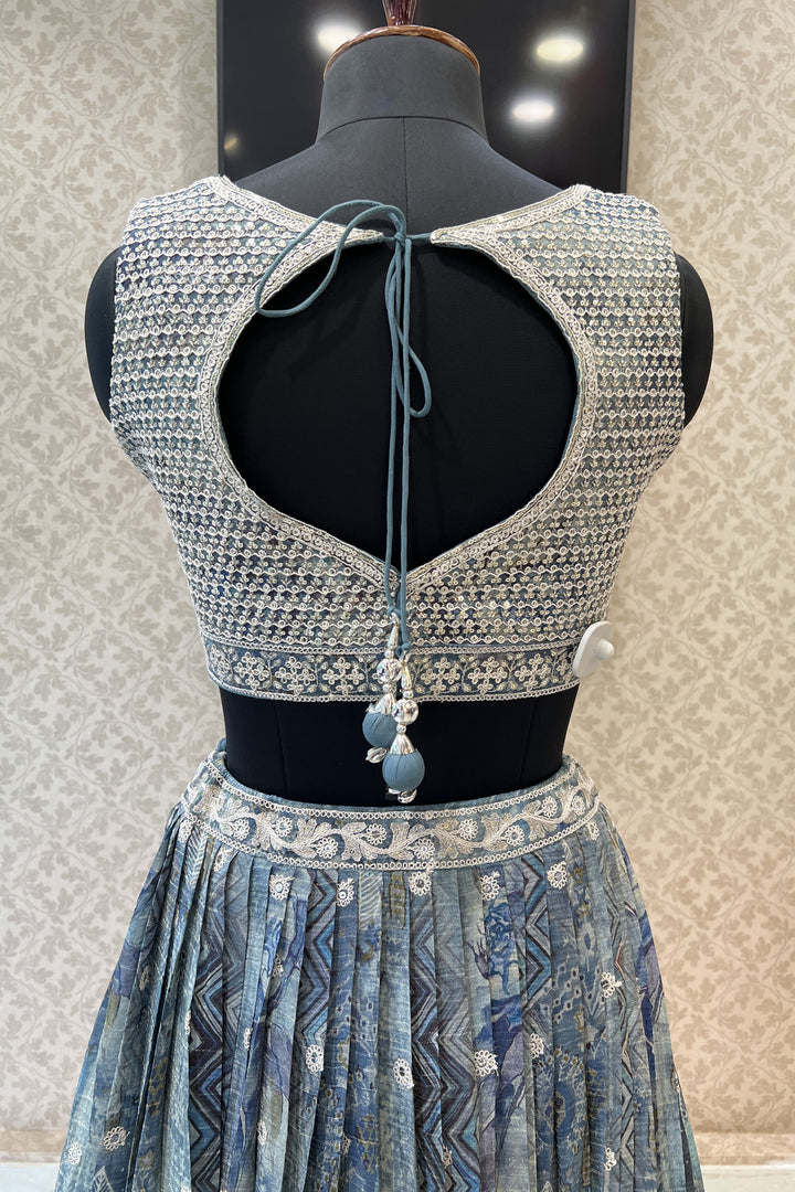 Grey Sequins, Zari and Thread work with Digital Print Crop Top Lehenga