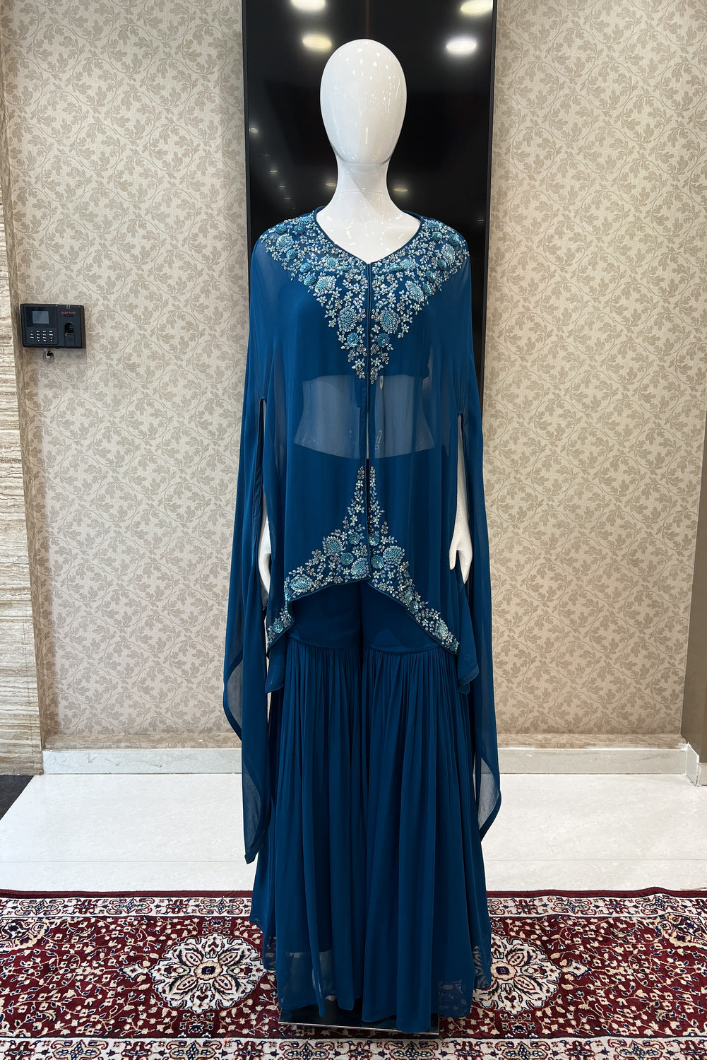 Teal Blue Beads, Sequins and Stone work Crop Top with Poncho Styled Sharara Suit Set