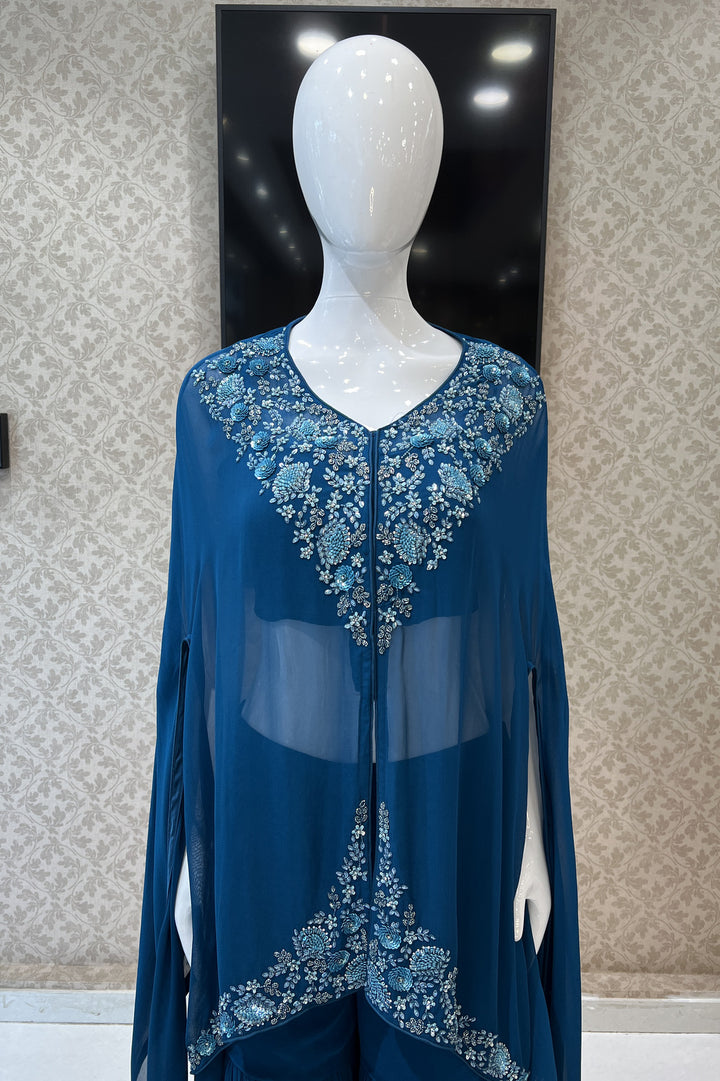 Teal Blue Beads, Sequins and Stone work Crop Top with Poncho Styled Sharara Suit Set