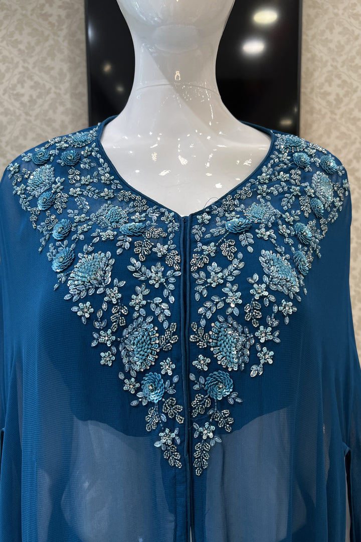 Teal Blue Beads, Sequins and Stone work Crop Top with Poncho Styled Sharara Suit Set