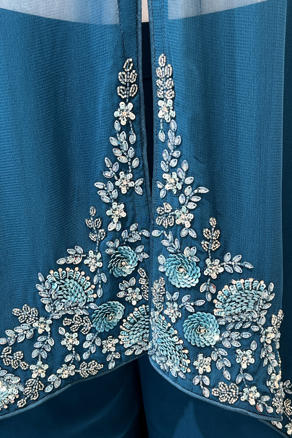 Teal Blue Beads, Sequins and Stone work Crop Top with Poncho Styled Sharara Suit Set