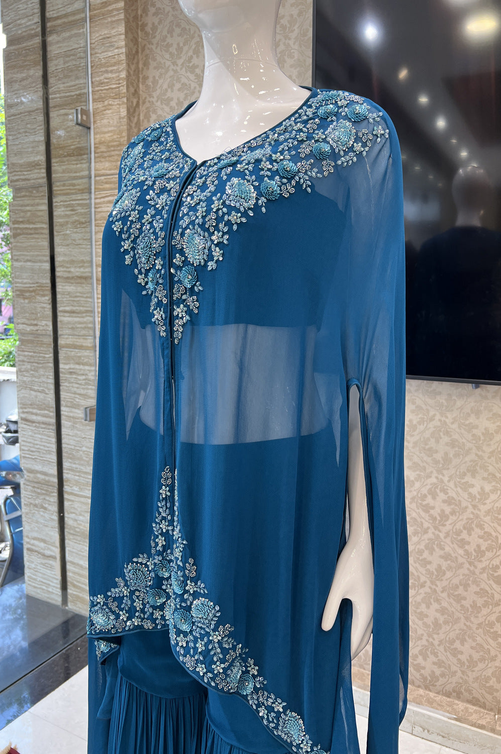 Teal Blue Beads, Sequins and Stone work Crop Top with Poncho Styled Sharara Suit Set