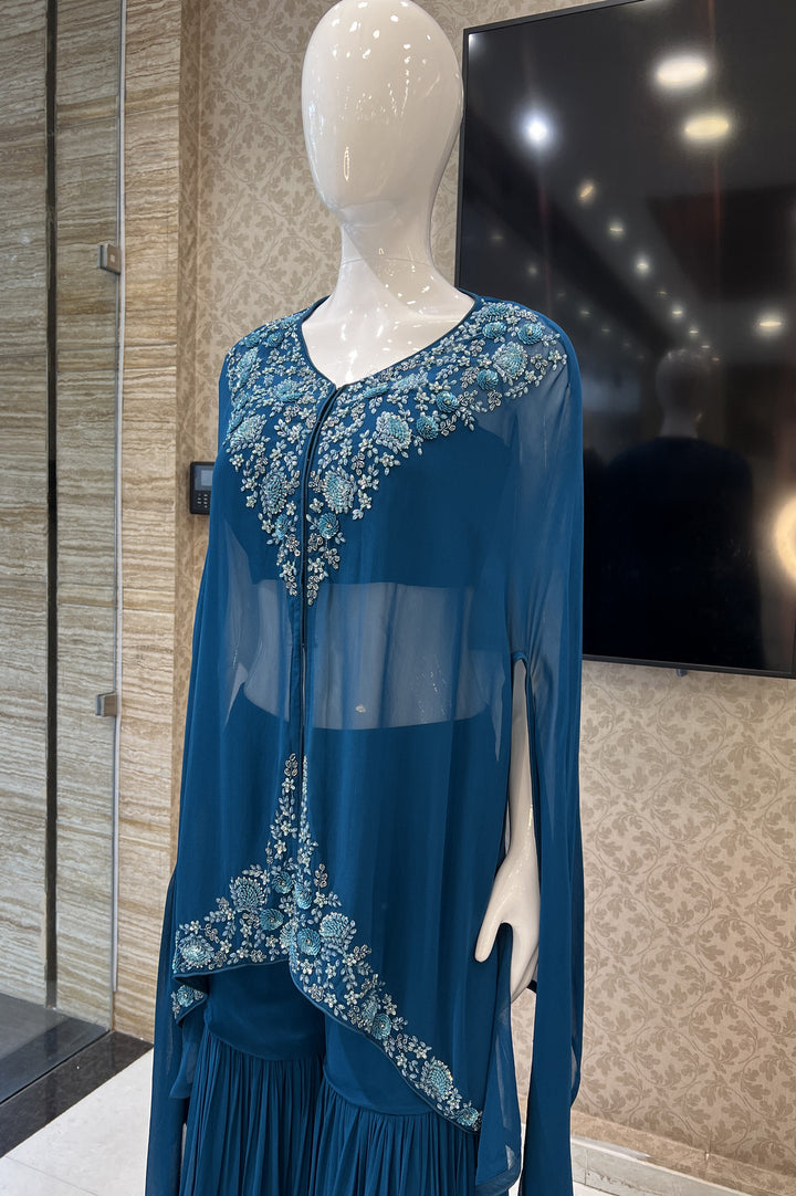 Teal Blue Beads, Sequins and Stone work Crop Top with Poncho Styled Sharara Suit Set