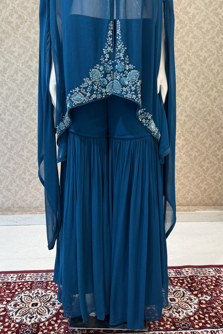 Teal Blue Beads, Sequins and Stone work Crop Top with Poncho Styled Sharara Suit Set