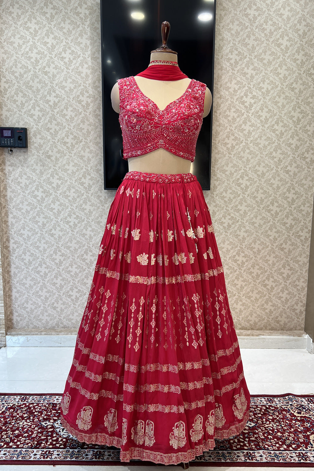 Red Beads, Sequins and Banaras work Crop Top Lehenga