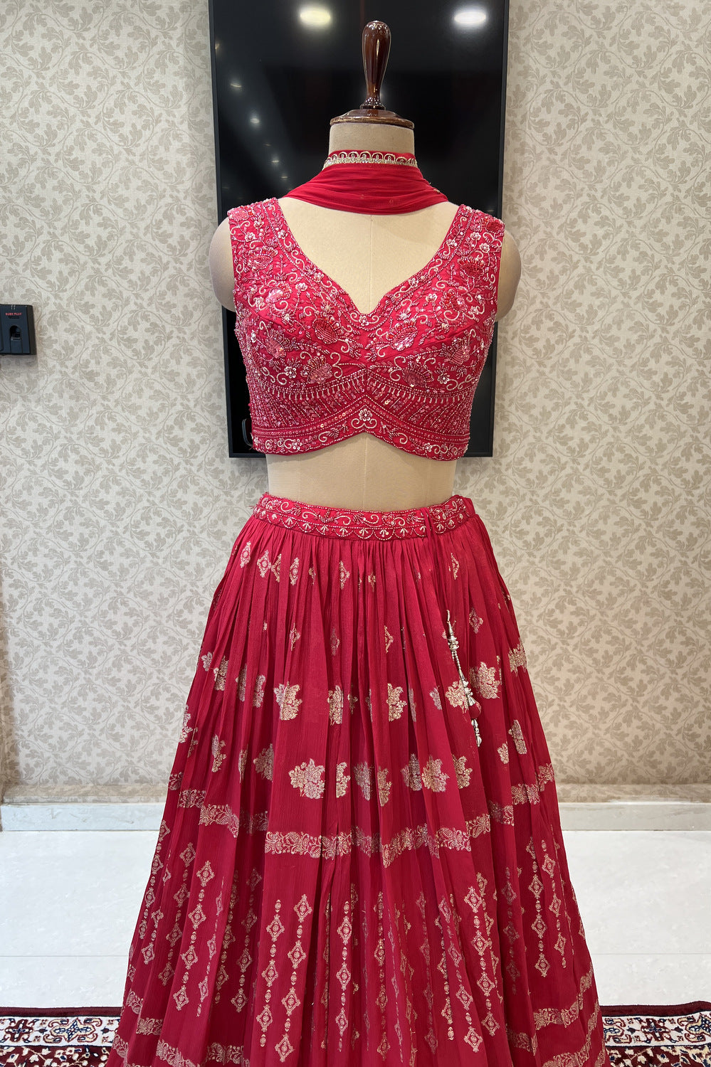 Red Beads, Sequins and Banaras work Crop Top Lehenga