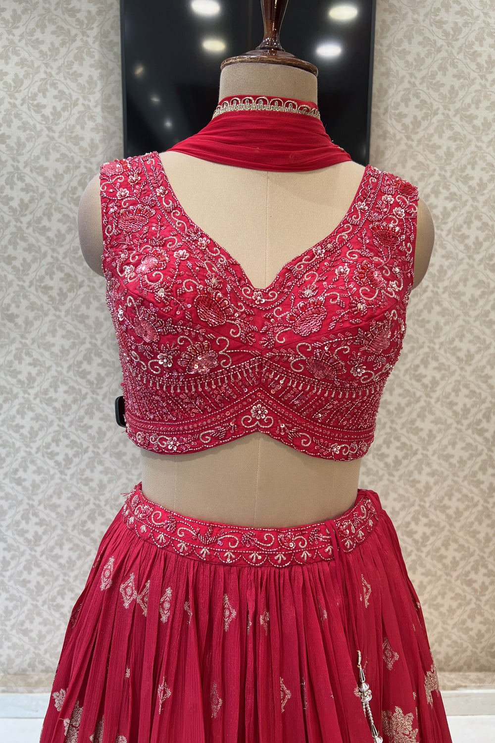 Red Beads, Sequins and Banaras work Crop Top Lehenga