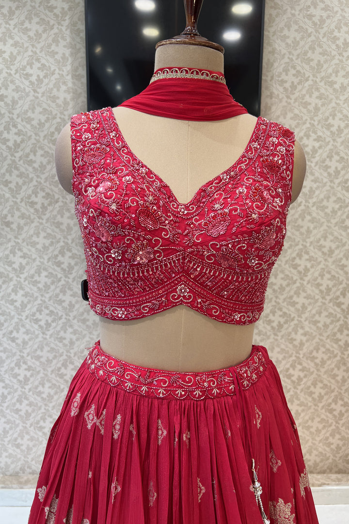 Red Beads, Sequins and Banaras work Crop Top Lehenga