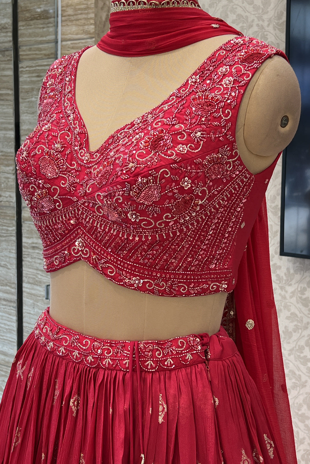 Red Beads, Sequins and Banaras work Crop Top Lehenga